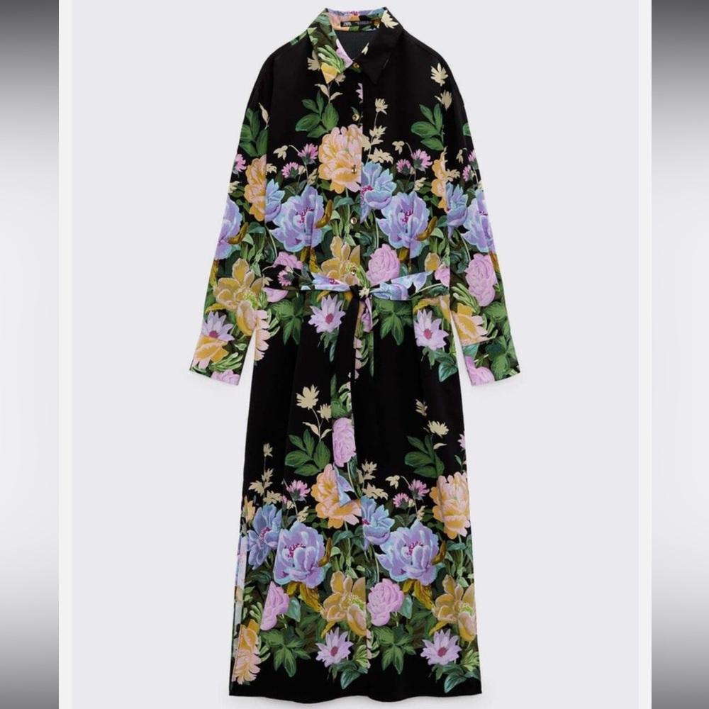 ZARA black floral print button front tie waist maxi dress MEDIUM